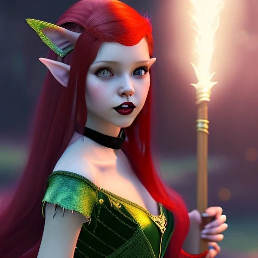 Gorgeous teenage girl with red hair who is dressed like a witch casting a spell with a staff, green eyes, elf ears background is realistic space, goth girl dress, full body portrait, arm colors gradient effect into stars, rendered, unity 3d, unreal engine, dslr, hdr, 4k, edited, photorealistic, normal number of appendages, freckles, artists rendering