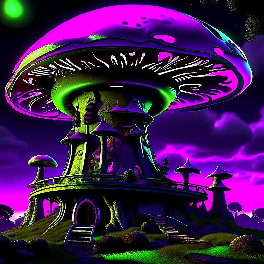 A fantabulous black, purple and green (((mushroom tower house))) erected atop a (geologic pillar), surrounded by the uncanny imaginative ((( swirling skies))), offset by the stark hues of a (neon-tinged nebulous space scape), within. captured by the hand a skilled master painter with a focus on (softly blurred compositions and voluminous lighting).