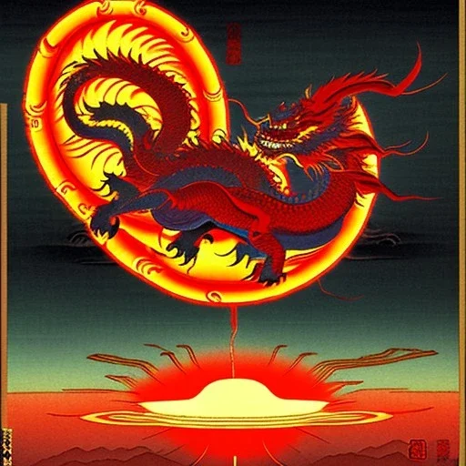 Ukiyo-e painting of a red dragon flying around a sun