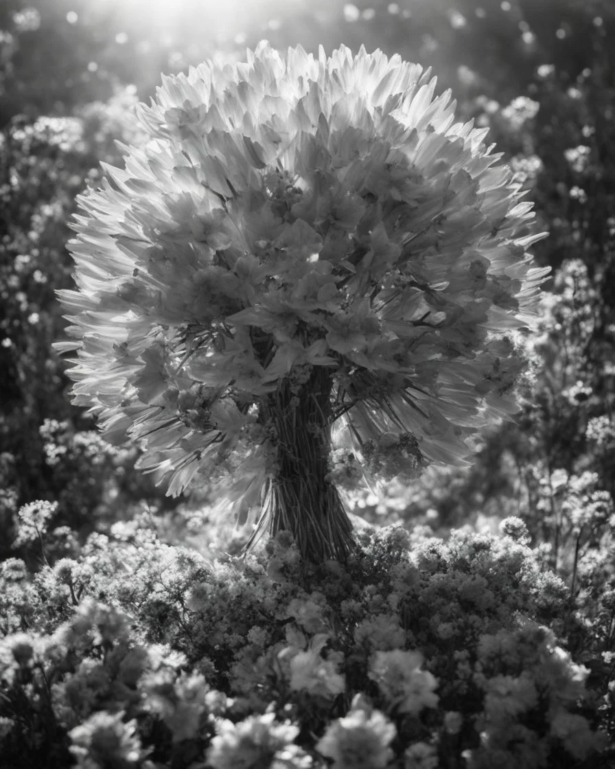 Atomic explosion made of flowers, ULTRA REALISTIC, B&W Photograph, cinematic, cinematic shot, dynamic composition, details, intricate detail, professional lighting, film lighting, 35mm, anamorphic, lightroom, cinematography, bokeh, lens flare, film grain, hdr10, 8k, Roger Deakins, incredibly detailed, reflect, sharpen