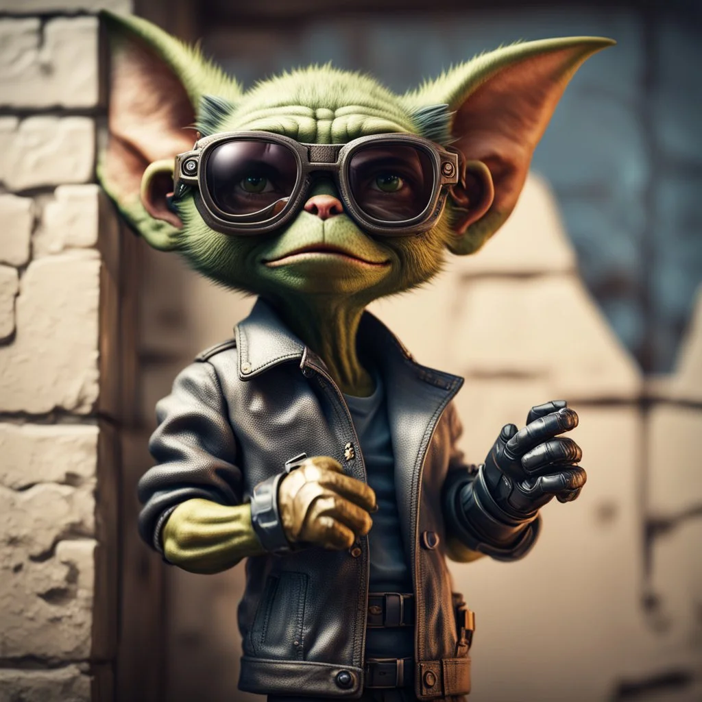 airbrush with pen outline, cool pimp gremlin leaning against a wall wearing driver gloves, wearing flip down sun glasses, in the style of a fallout 4,bokeh like f/0.8, tilt-shift lens 8k, high detail, smooth render, down-light, unreal engine, prize winning