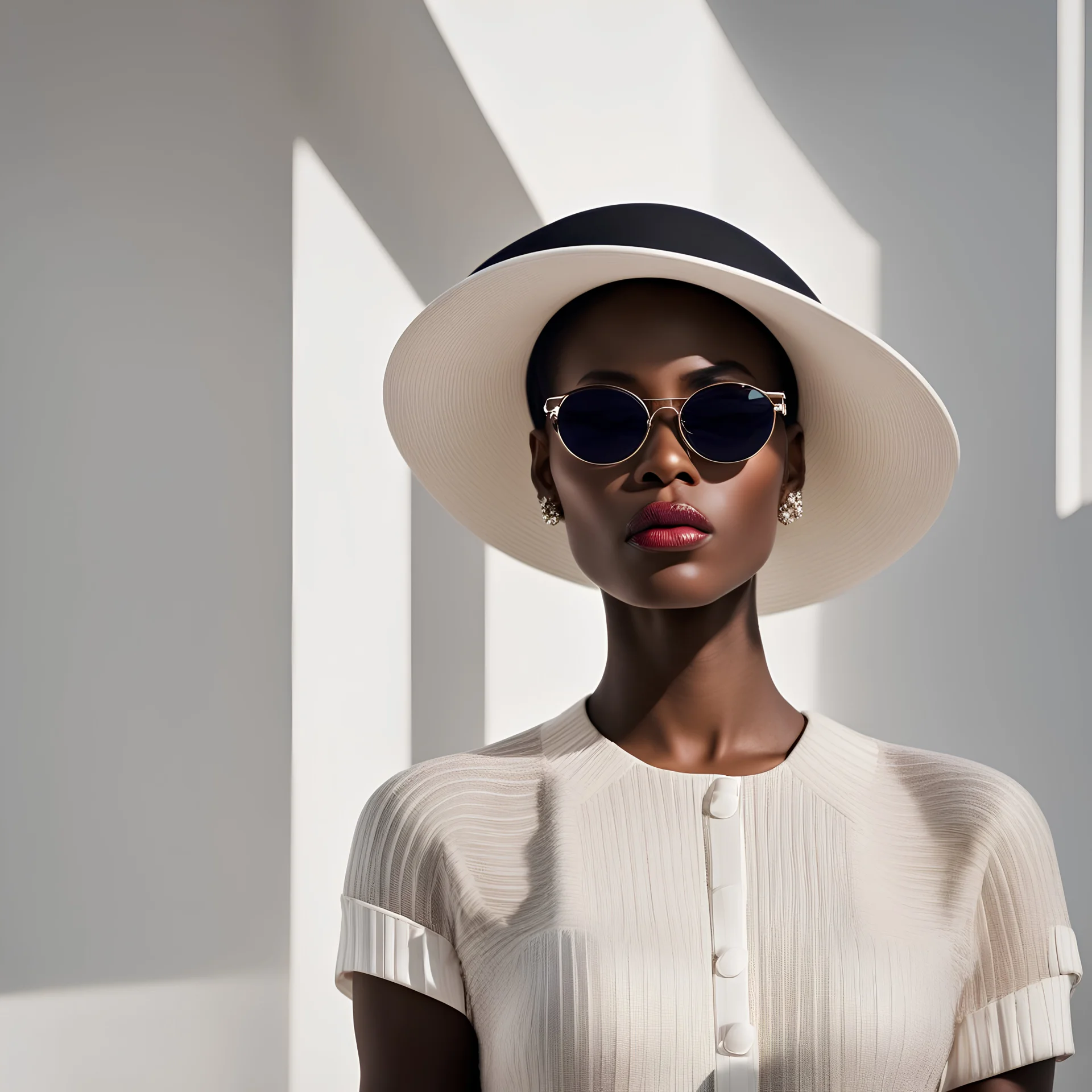 Fashion design work feauturing a (Chanel) female (Nigerian) model wearing minimalist women’s clothing, wearing a big hat and Chanel sunglasses, shot in a Bauhaus buiding with bright and soft lighting, creative a minimalist and sleek style with a sense of sophistication and high end feeling, fine lines and intricate details, realistic anatomies, Nikon D800, shot with Sony Alpha a9 Il and Sony FE 200-600mm f/5.6-6.3 G OSS lens, natural ligh, hyper realistic photograph, ultra detailed -ar 1:1 —q 2