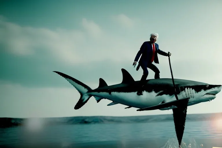 Trump riding a shark yelling yeehaw