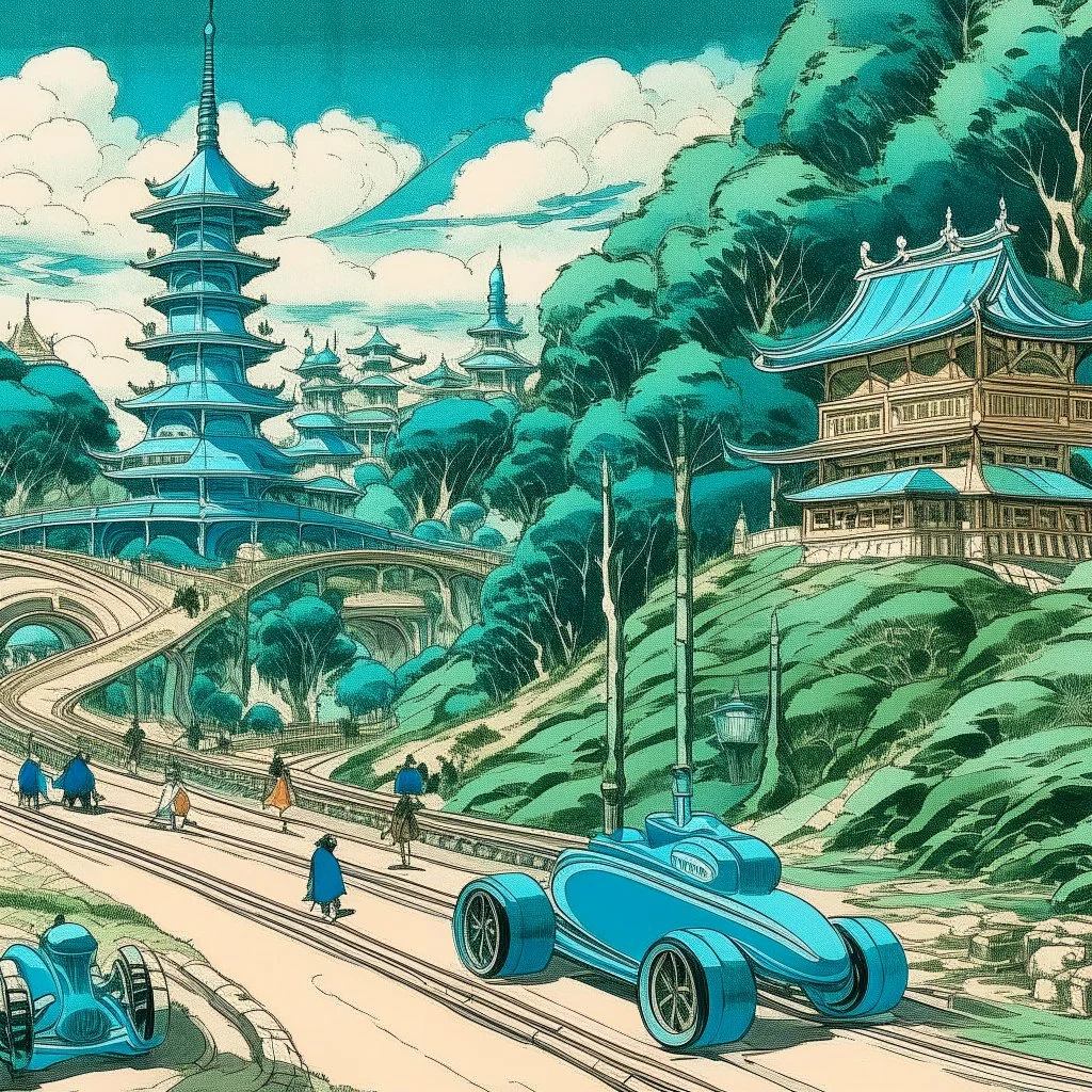 A blackish teal racecar theme park painted by Katsushika Hokusai