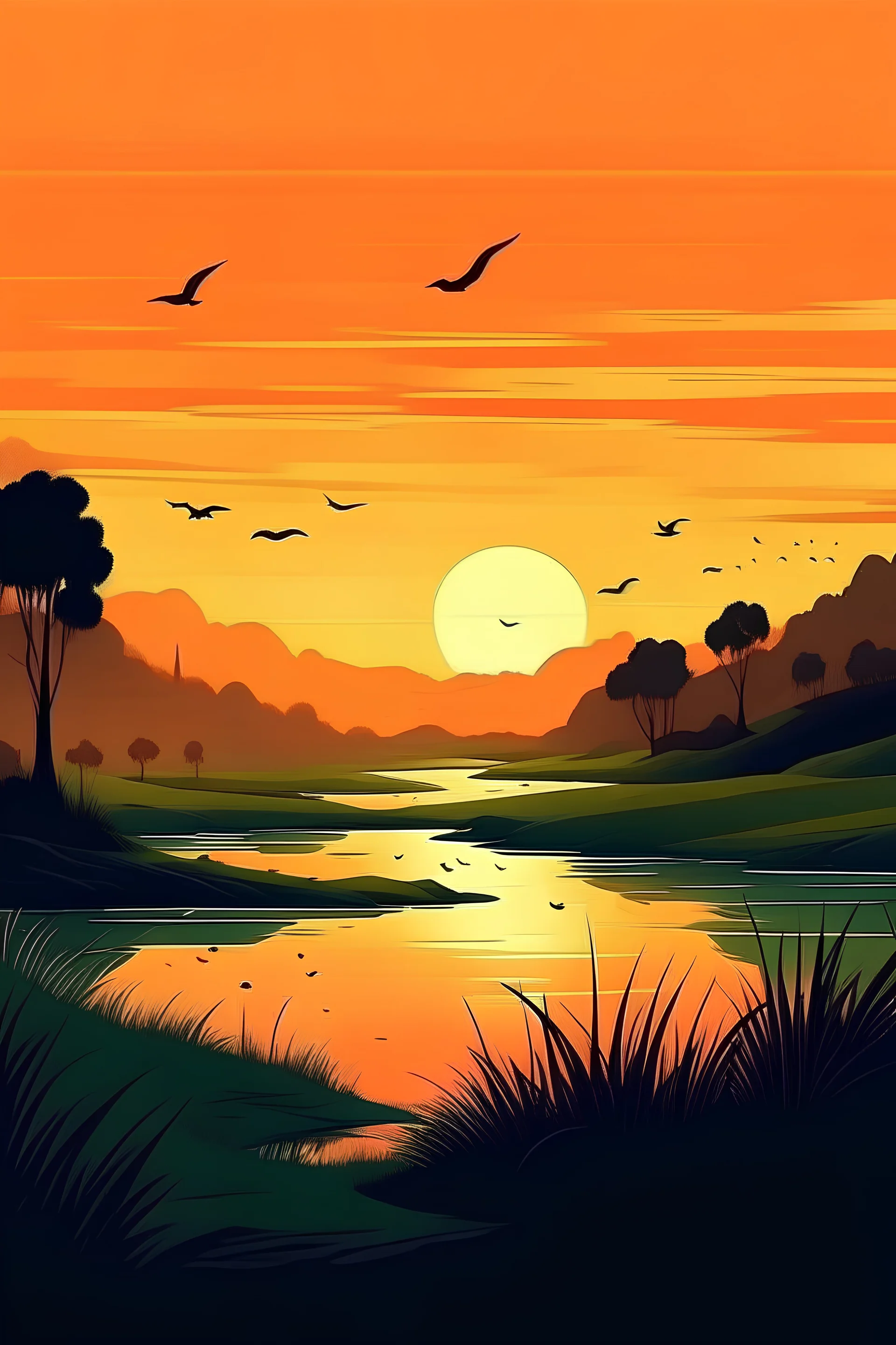 landscape, nature, calm, relax , vector, sunset,