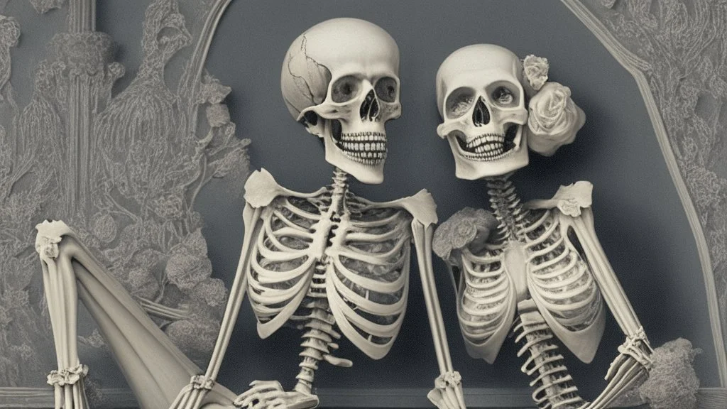 Skeleton Couple Posing Suggestively In Vintage 1940s Hollywood Grandeur