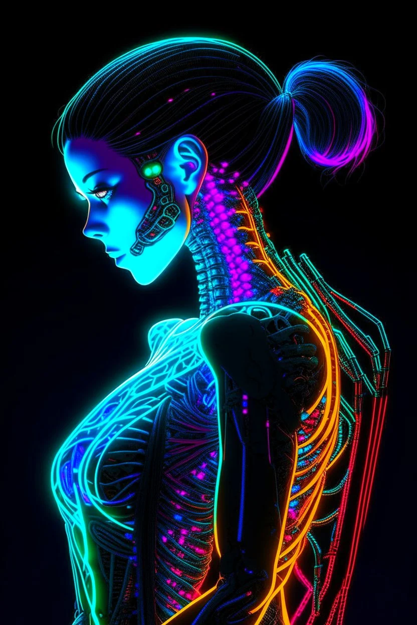 a woman with a skeleton on her back, perfect anime cyborg woman, female cyberpunk anime girl, anime cyberpunk, cyberpunk anime girl, anime cyberpunk art, glowing neon skin, cyberpunk anime art, anime cyborg, beutiful girl cyborg, female cyborg black silhouette, holy cyborg necromancer girl, beautiful alluring female cyborg, cyberpunk anime girl mech