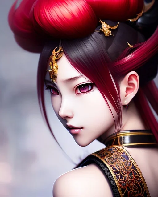 Detailed cute anime Kunoichi girl with a dragon tail, blood red hair buns, bangs, black latex bodysuit, intricate details, full body portrait, keep head in frame, slight smile, black Japanese motif, concept art, highly detailed, digital painting, concept art, sharp focus, illustration, art by Yoji Shinkawa, WLOP and greg rutkowski and alphonse mucha and artgerm and yanjun Chen and Junji ito and Makoto Shinkai, HDR, octane render