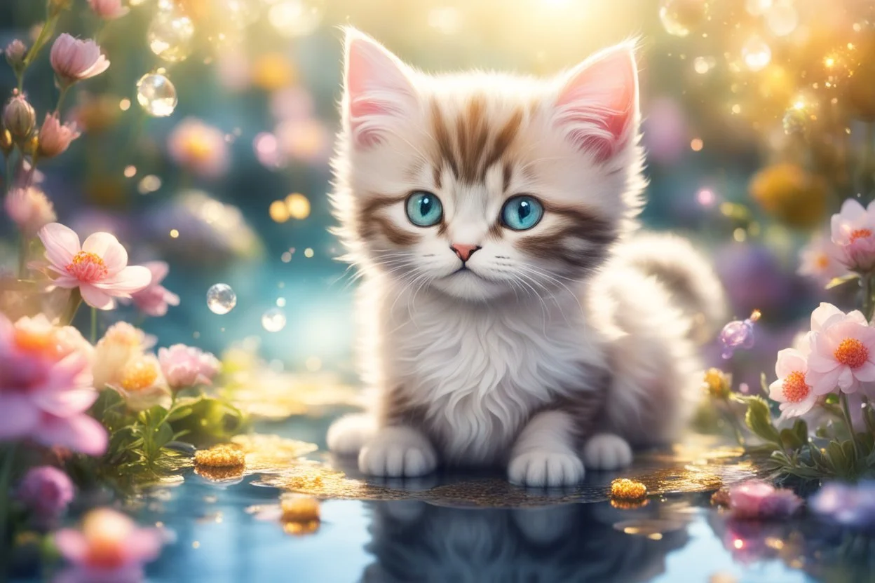 gemstone and jewel kitten in a flowergarden with beautiful flowers, pond, in sunshine, anime, watercolor and black in outlines, golden glitter, ethereal, cinematic postprocessing, bokeh, dof