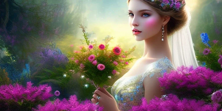 bright fairy, beautiful portrait, flowery landscape