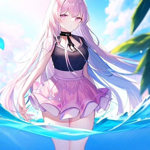 Clear focus,High resolution, Blue long hair, Light pink eyes,Wearing a pink short skirt,wearing a black collar,Looking away from the viewer, Blurry floating water