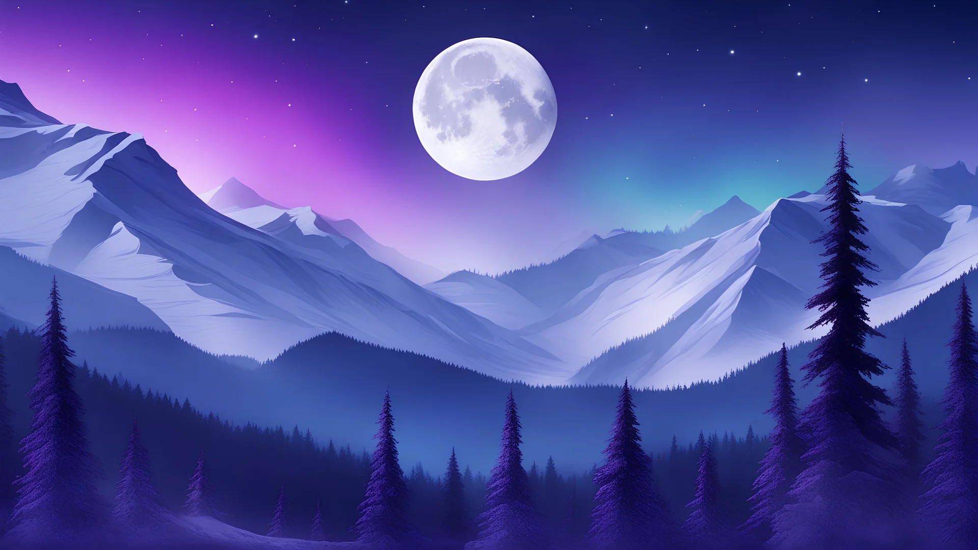 white moon, snowy mountain, starry night sky, dark forest background, purple and blue gradient, foggy dusk, aurora borealis