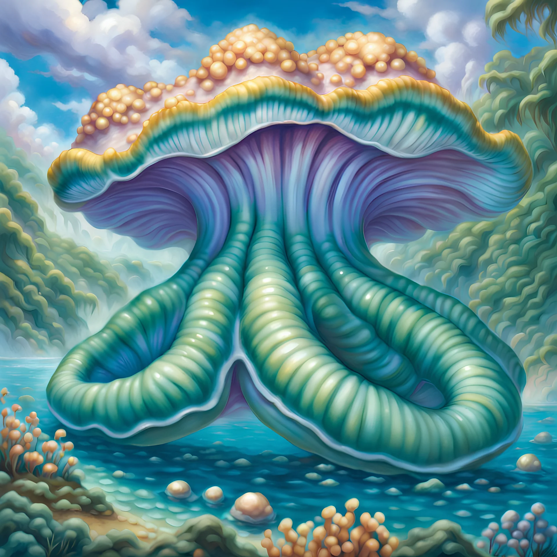 fantasy 90's tcg art of pearlescent giant clam creature