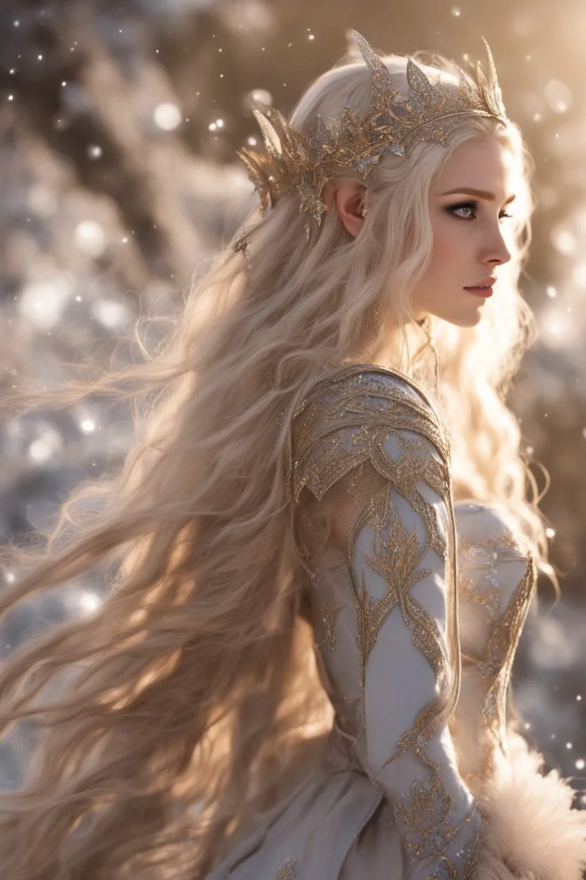 Elven princess,elven crown,long white blonde golden hair,rapunzel hair,ice flowers,beautiful,light blue,dark blue,golden armor,sparkle,glitter,ice flowers,snow,elven ears,dark fairy princess