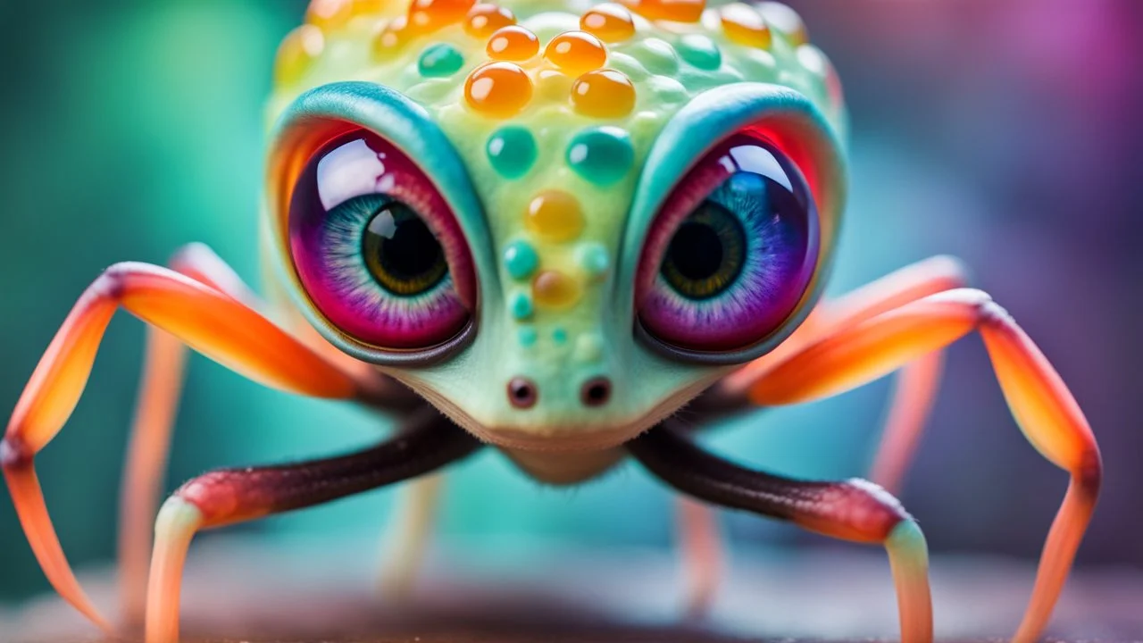 A middle size, jelly-like big eyes-on-stalks, fatt body colorful pastel patterned skin alien creature tanding a floor, high detailed, high textured, sharp focus, deep colors, Professional photography, bokeh, natural lighting, canon lens, shot on dslr 64 megapixels , blur background with neon light, office