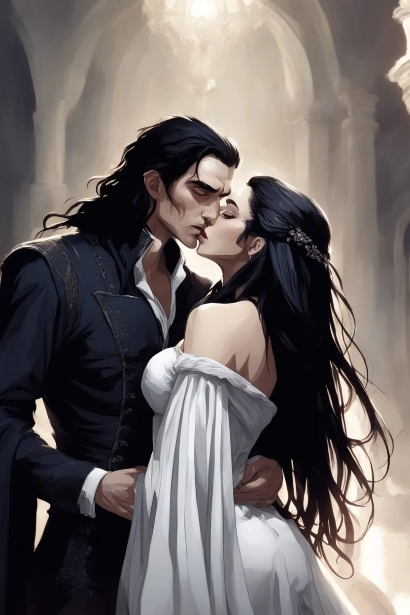 Strahd Von Zarovich being kissed on the neck by a beautiful woman with white hair, wearing an off the shoulder dress. Settling and background are a lavish toomb with an ebony coffin.