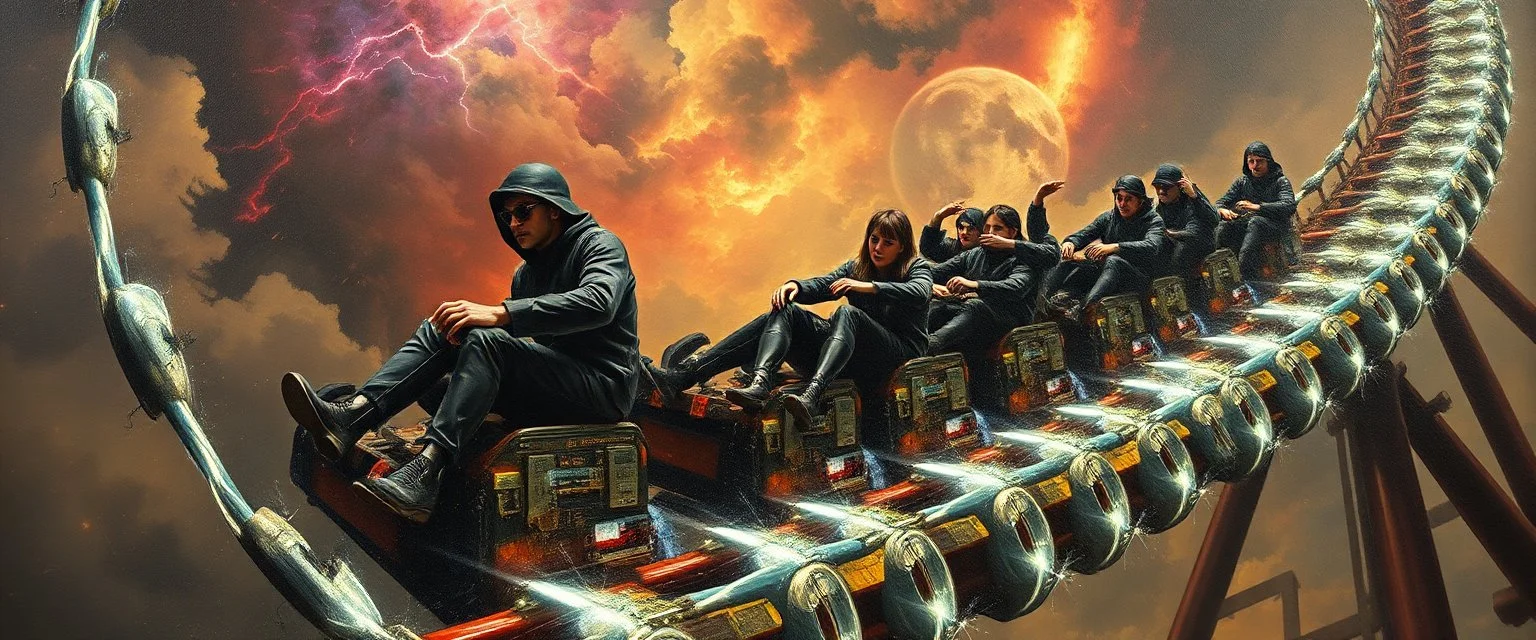 master oil painting by Rembrandt, roller coaster with some bad ass power cyber punk people experiencing gravity at its worst