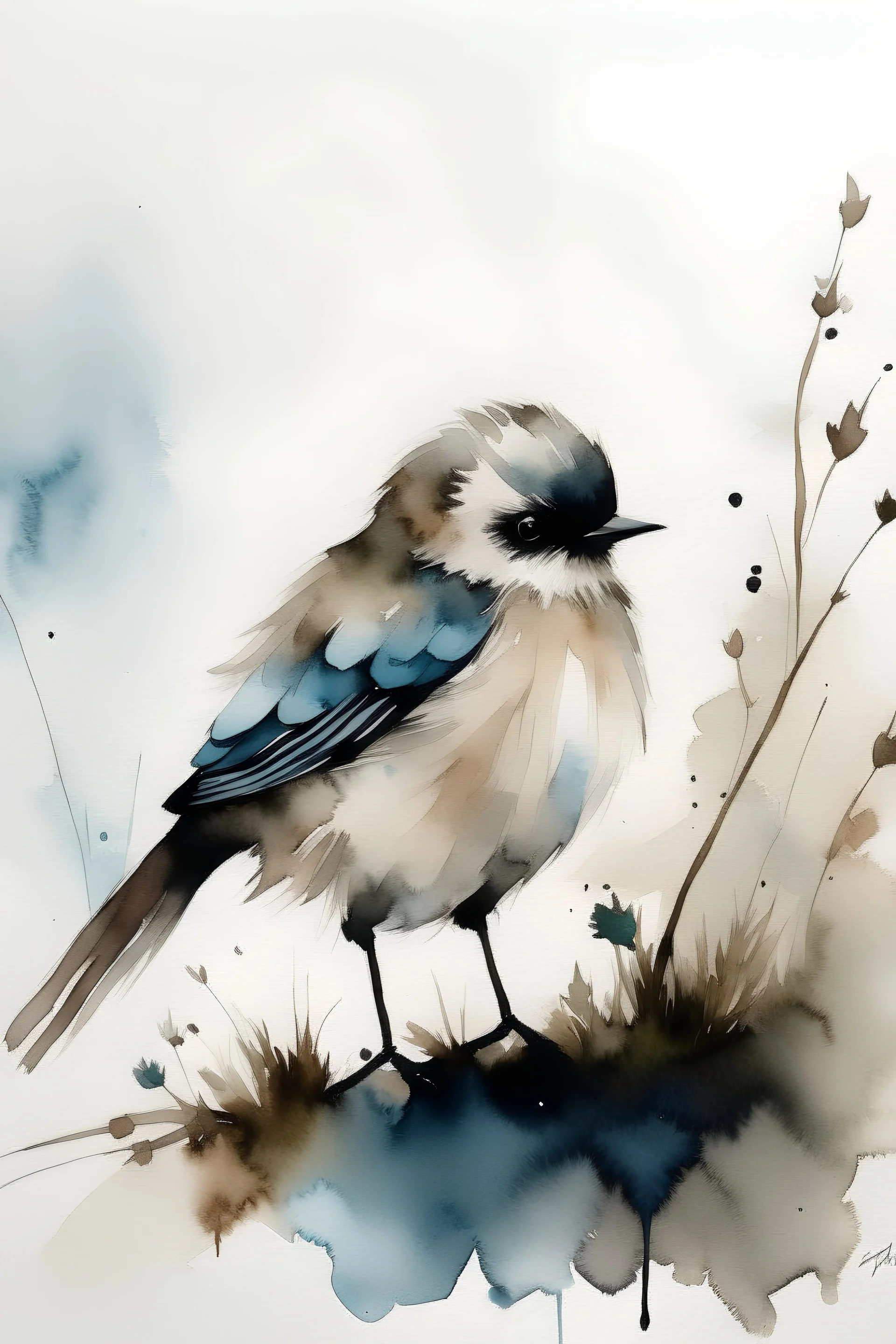 Watercolour of fluffy bird in winter, minimalistic, realistic, negative space