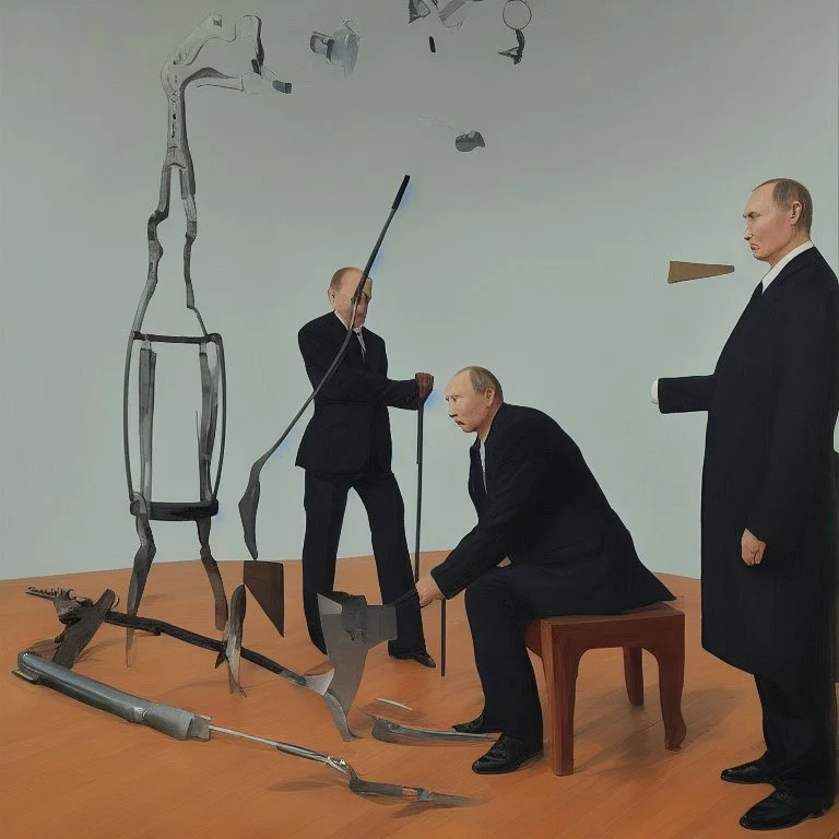 Putin Looking At A Statue Of Xi Jinping,complex surgical instruments,a sickle intermixed with a Axe, prosthetic legs,minimalism,Painting By Adrian Ghenie,Lucian Freud,Rene Magritte,Salvador Dali