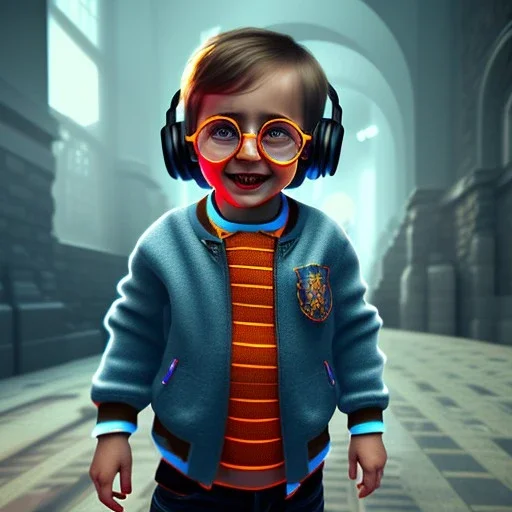 Harry Potter toddler, smile, cyberpunk headphone, sunglass, gangsta neckless, full body, orange puffer jacket, tokio background, dramatic lighting, hyper realistic, unreal engine 5, 16k