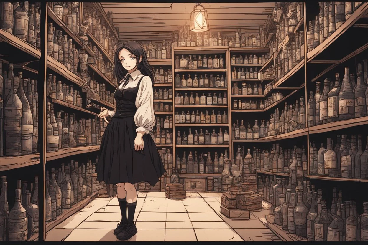 full-height shot of a young witch in a tight black short skirt, inside a large magic shop, shelving, bottles, windows