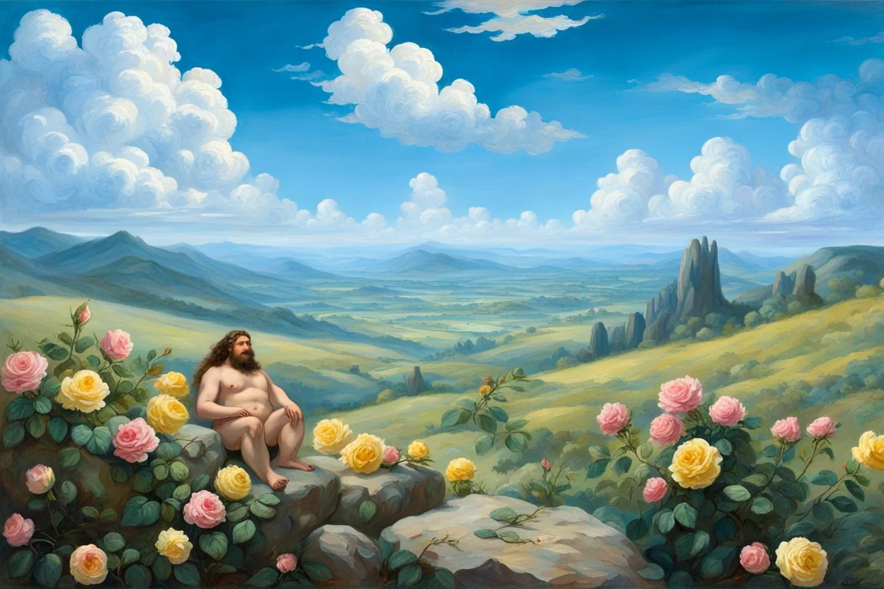 a handsome, fat man with a well-groomed, bearded face and long, curly hair. He is sitting naked on a rock, surrounded by a picturesque valley adorned with pink and yellow rose flowers. The spring sky above is adorned with breathtakingly beautiful clouds. like oil paintings 19th century