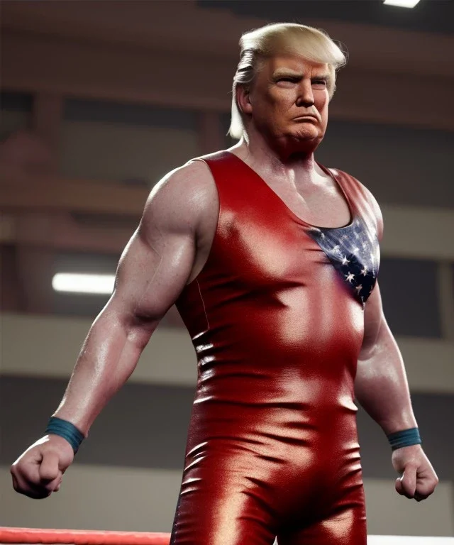 Photo realistic, Wrestler Donald trump, wrestling, American shot, sweat, blood, red breeches, suspenders, retro style, 80s, hot ambient, photo studio, vibrant color, gradient, highly detailed, art stations, concept art, smooth, unreal engine 5, god rays, ray tracing, RTX, lumen lighting, ultra detail, volumetric lighting, 3d, finely drawn, high definition, high resolution.