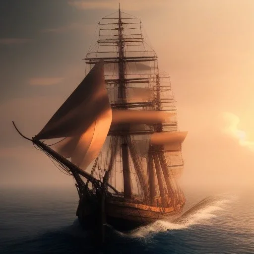 photo of a ultra realistic sailing ship, dramatic light, pale sunrise, cinematic lighting, battered, low angle, trending on artstation, 4k, hyper realistic, focused, extreme details, unreal engine 5, cinematic, masterpiece, art by studio ghibli, intricate artwork by john william turner