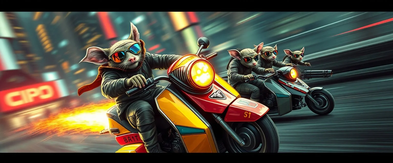 hi speed rocket ship on leaning scooter in a swing, coated rat gremlin captain in high speed pursuit among neon spy vs spy rat cyber soldiers, with background motion blur, airbrush and pen outline, in the style of Fallout 4 and Cyberpunk and GTA5, huge sun glasses with mirror reflection, tounge out