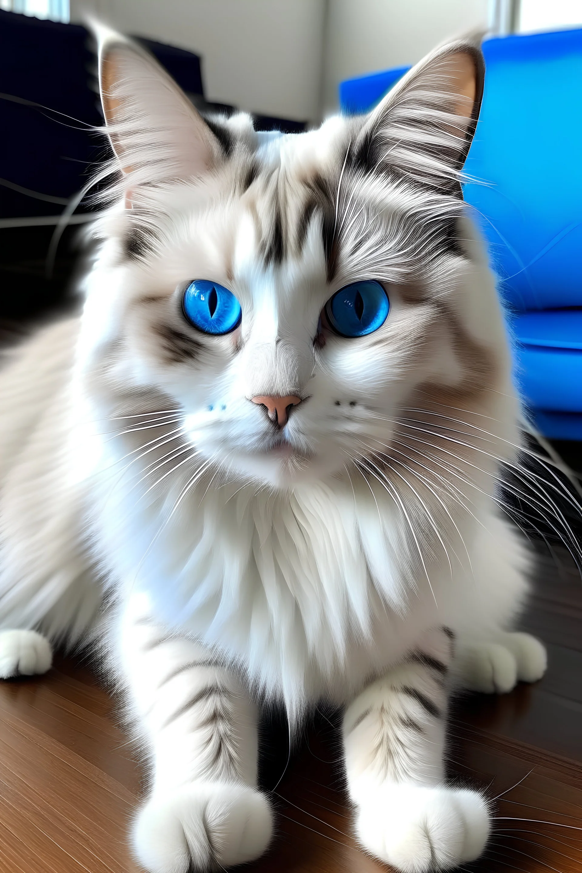 Eine getigerte Katze mit 6 Beinen und 3 bauschigen Schwänzen. Die Augen sind Blau. Im Fantasy Sil