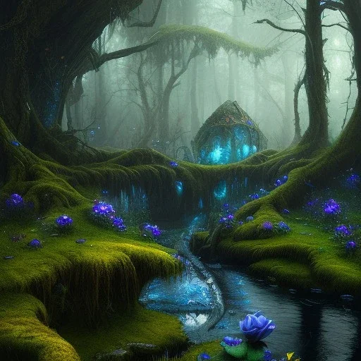 Dark fantasy concept art, dynamic lighting, Intricately detailed, Splash screen art, deep color, Unreal Engine, volumetric lighting, blue flowers, moss, leather, creek, flowing water, fantasy dark forest artwork,