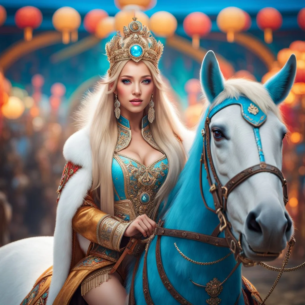 (masterpiece, best quality, 8k, RAW photo, beautiful and aesthetic:1.2), complex detail, Indirect light, photorealistic, (((full body))), 2 Gorgeous Cosmic russian asian goddess smiling, long curved blonde hair, blue eyes, Mixed, sci-fi and traditional russian outfit with white furs and chapka, on a horse companion, a colorfull Sci-Fi environment