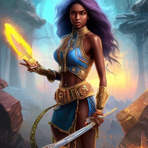 Full body, heroic fantasy, woman, dark skin, Indian, 20 years old, half-hawk haircut, magician, warrior, hourglass body shape, bicolor hair