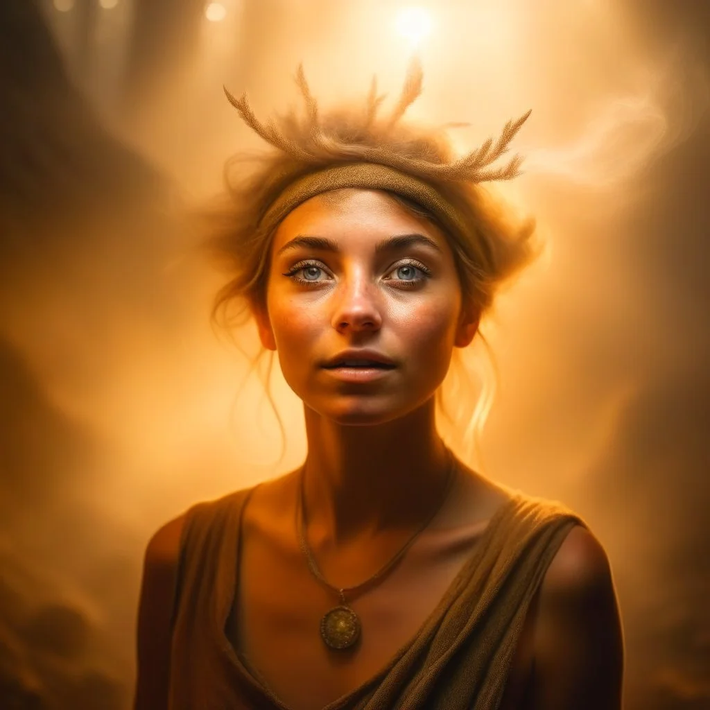 oil portrait of brown hippie pixie hovering in the underground grove sparkling light dust, in the style of dali, 8k, down-light, soft light, depth of field, photo realism, trending on art station, high detail, smoke and fog