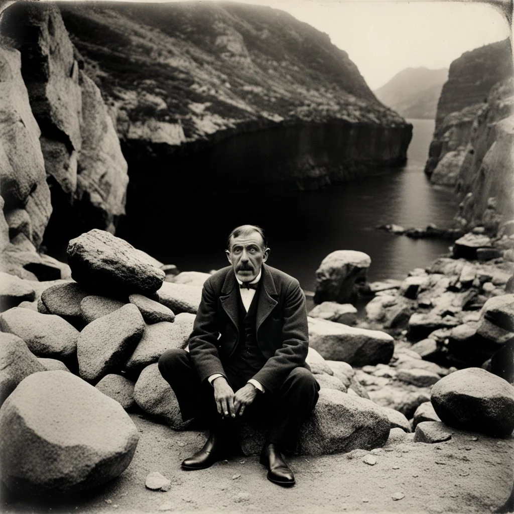 photo, 1920 horror movieshot, sitting, eaging, rocks, very odd objects in background, Ades, stunning photo, persone con sorriso falso e occhi, Charon, tenebroso, macabro, marcio, interno museo, fiotti di liquido nero che zampillano, hypermaximalist, strangeness, sundial light, odd, intricate, Lawrence Alma-Tadema style, albero, hypnotic, very accentuated details of the dress and skin, eerily mysterious, artistic photo, shot on Hasselblad, sadness, follia, smoke, daguerrotype