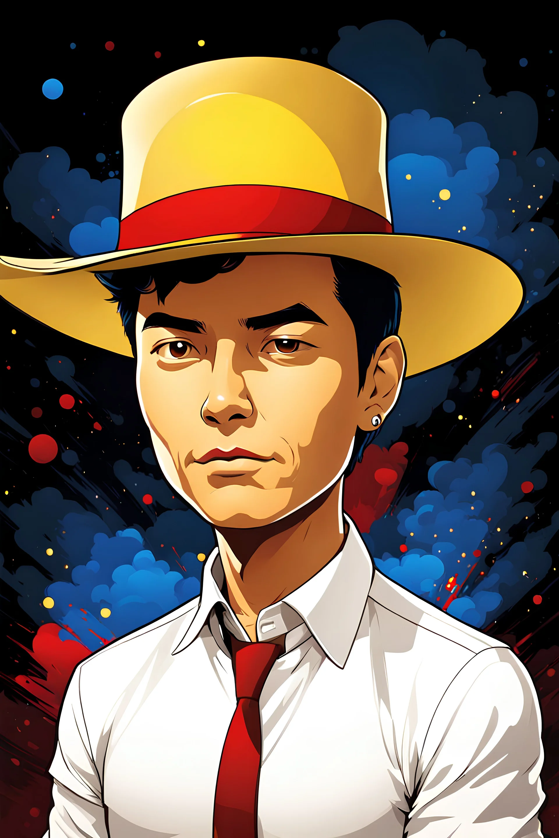 Gustavo Petro, comic style artwork, dark yellow, black, red and blue, with wide-brimmed hat, with white shirt, calm, chibi