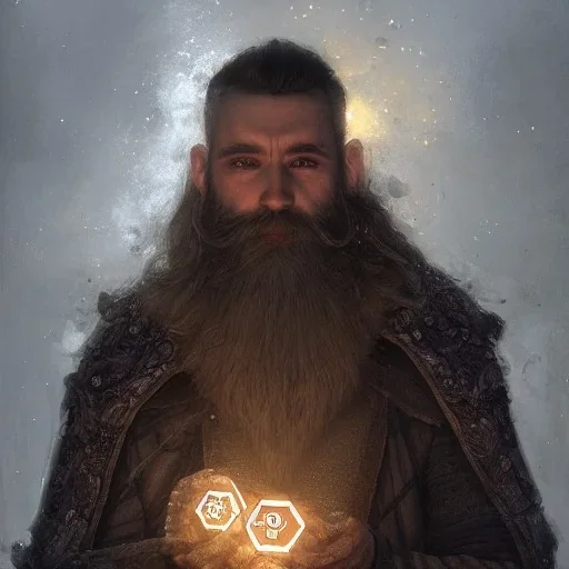 Insanely detailed landscape of an “D&D twilight cleric holding glowing D20” with intricate detailed trimed beard,high and tight hair cut,40 years old, intricate clothing, hyperdetailed painting by Ismail Inceoglu Huang Guangjian and Dan Witz CGSociety ZBrush Central fantasy art album cover art,8K, hdr, mysterious, flickeringlights ,Stoic