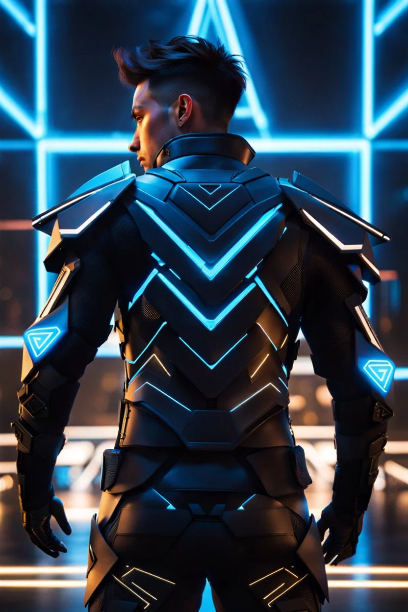 cyberpunk, neon blue, triangle of light floating behind the back, cyber armor, geometric patterns on an armor, male