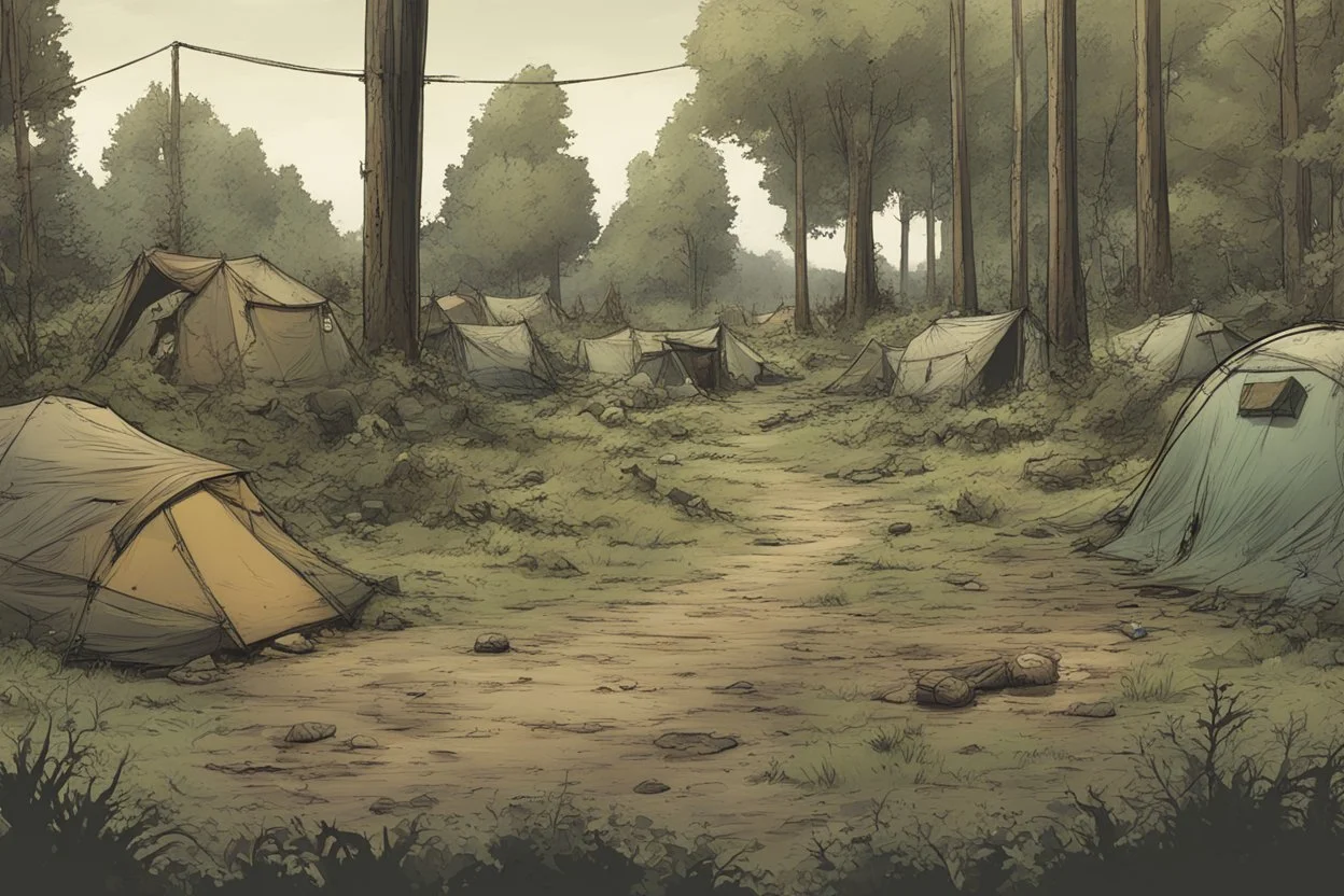campsite, tents, overgrown, post-apocalyptic, comic book, forest, cinematic, panoramic