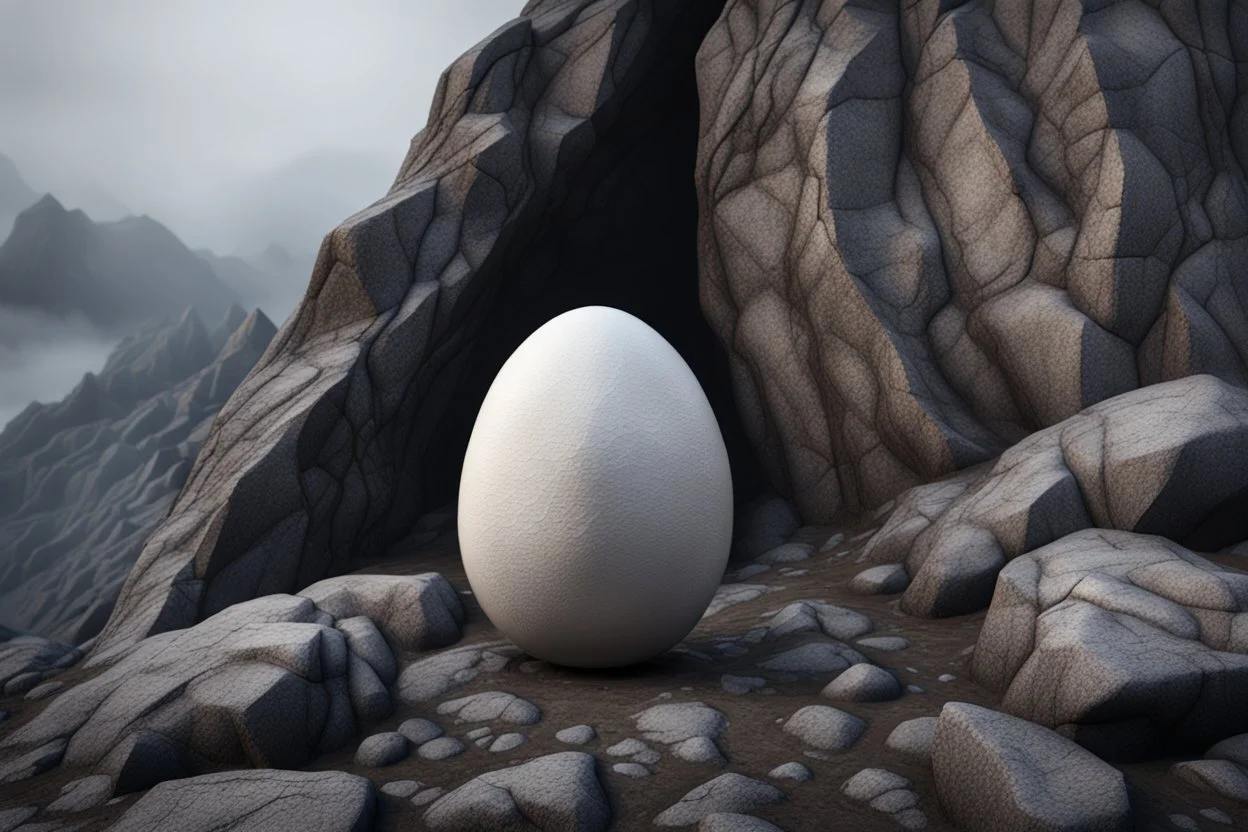 a giant egg with the texture of stone is cracked on top of the misty mountain peak. cinematic lighting, artstation, grim mood, looking up camera angle