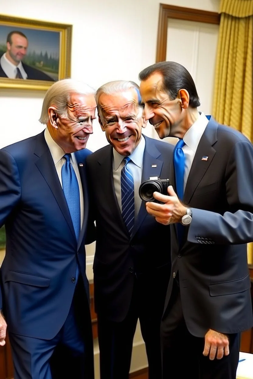 Obama showing with Joe Biden with richard nixon taking a picture.