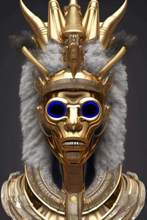 black male African Egyptian alien, cracks in the voodoo head, wicked, eyes, crown, Elephant, 8k, finely detailed, photo realistic, tiger turquoise skull head gold dragon space alien snow skeleton gold teeth silver crown silver space face mask