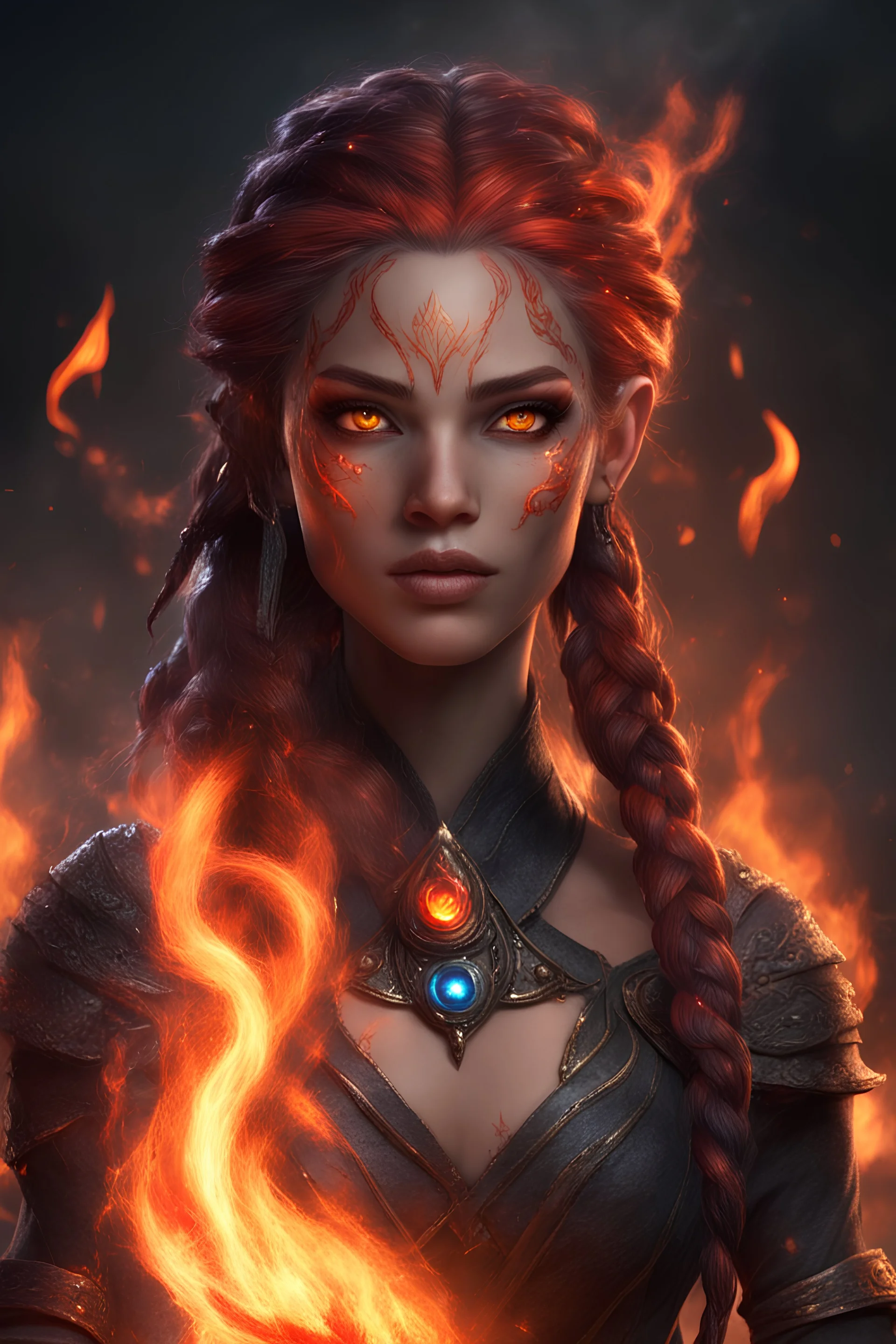 beautiful Fire genasi sorcerer female. Hair is long and bright black part glows. Part of hair is braided and fire comes out from it. Big bright red eyes. Is generating fire with her hands and fire are coming our off them . Skin color is dark. Has a huge scar on face.