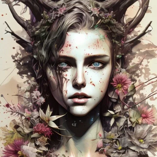 singer Danish MØ face,Style Yoji Shinkawa, watercolor illustration , Dryad, plants, wildflower,