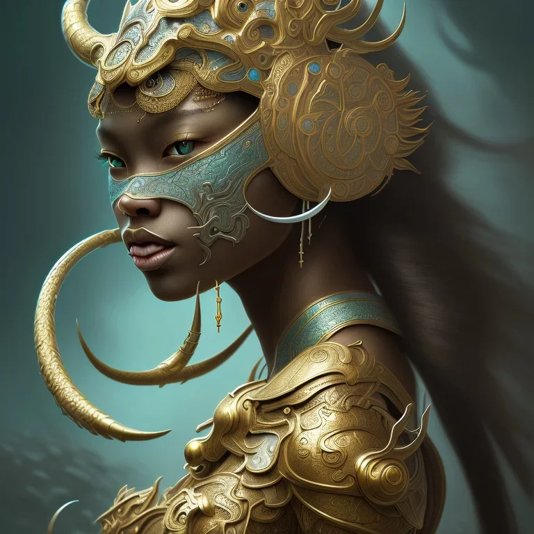 Sango fantasy, fantasy magic, intricate, sharp focus, illustration, highly detailed, digital painting, concept art, matte, art germ and Paul Lewin and Kehinde Wiley, masterpiece Indonesian lady head bronze tiger Asian African girl nice breast Hawaiian hair turquoise silver waves