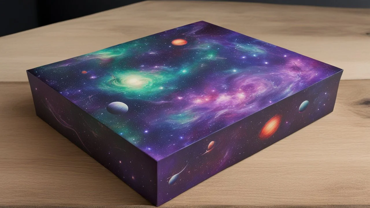 a box 10 cm long by 5 cm wide and 25 cm high, drawn on a box on all sides, space, tress, planets, crow galaxies a lot of colours purple, green and red, realistic