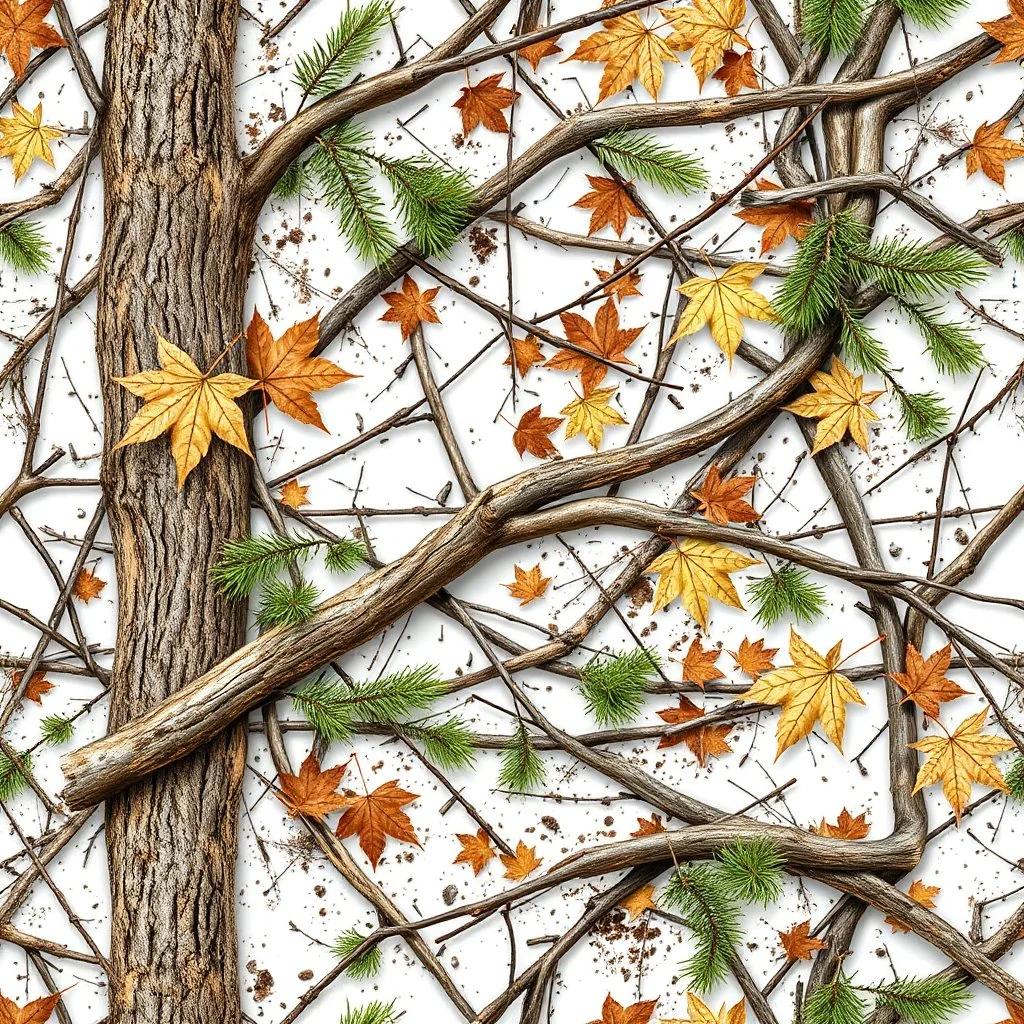detailed Real Tree Camouflage made of sticks, twigs, tree bark, green pine branches, dried maple leaves, snow and dirt, white background, seamless repeatable texture camo pattern
