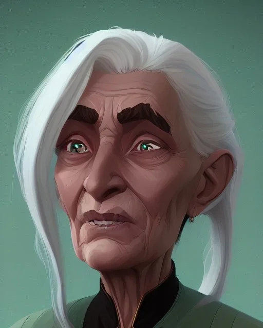 portrait of a dignified old woman with green eyes and white hair