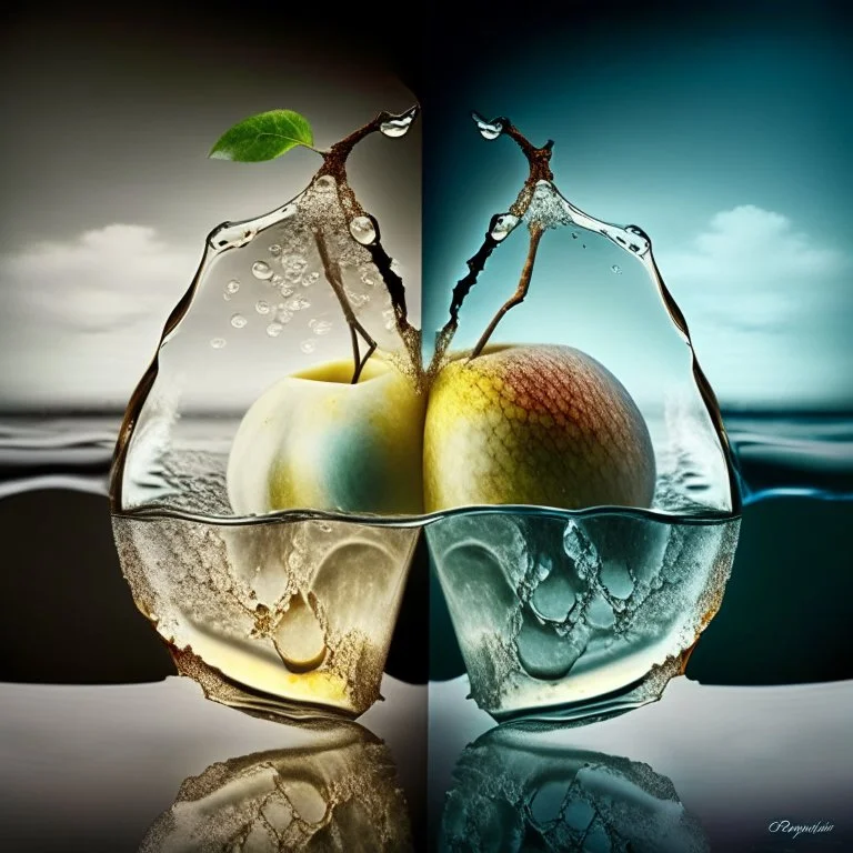 Beautiful double image by blending a windy sea and glass pears. The sea should serve as the primary background, skillfully incorporating its details into shiny glass pears, sharp focus, double exposure, shiny glass apple, (pear transparent glass shape) (sea inside) lifeless, dead, glass apple, earthy colors, decadence, complex design, ultra-realistic, high-definition, highly detailed, dark softbox image, ray tracing, cinematic, HDR, realistic (double exposure: 1.1)