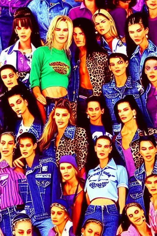 year 1996 denim fashion. Loose fit, low waist, baggy. Colors: denim blue, blue, purple, khaki, light green, lilac, plum, orange, terracotta, red, pink, dark blue, beige. Patterns: cheetah, balls, stripes. Women models. Sharon Stone, Sandra Bullock, Winona Ryder, Milla Jovovich, Big tennis shoes on.